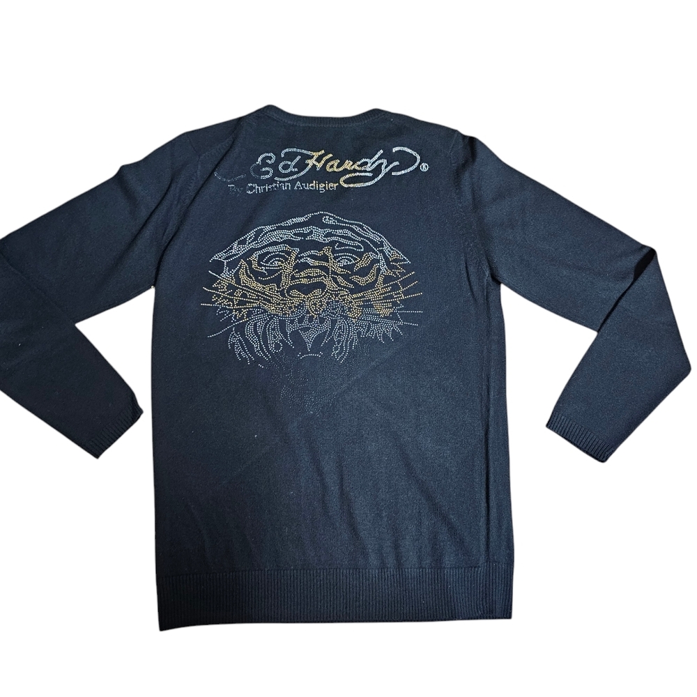Ed Hardy Men's Long Sleeve Tiger With Rhinestone V-Neck Sweater Black Large NWT